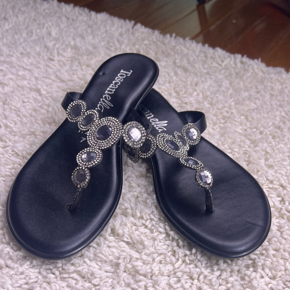 WOMENS BLACK SIZE 7 TOSCANELLA SANDALS WITH RHINESTONE DESIGN SIZE 7 NWOT